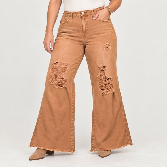 Blakeley Denim - Blakeley Women 2X High Rise Flare Jeans Brown Distressed Ripped Raw Hem Boho 70s